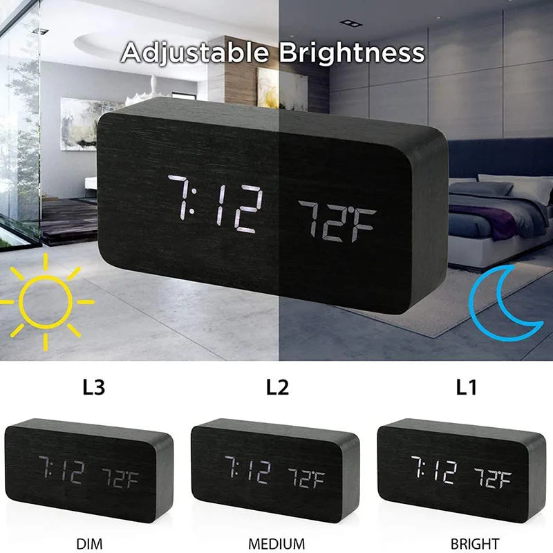 Wooden LED Digital Alarm Clock with Temperature