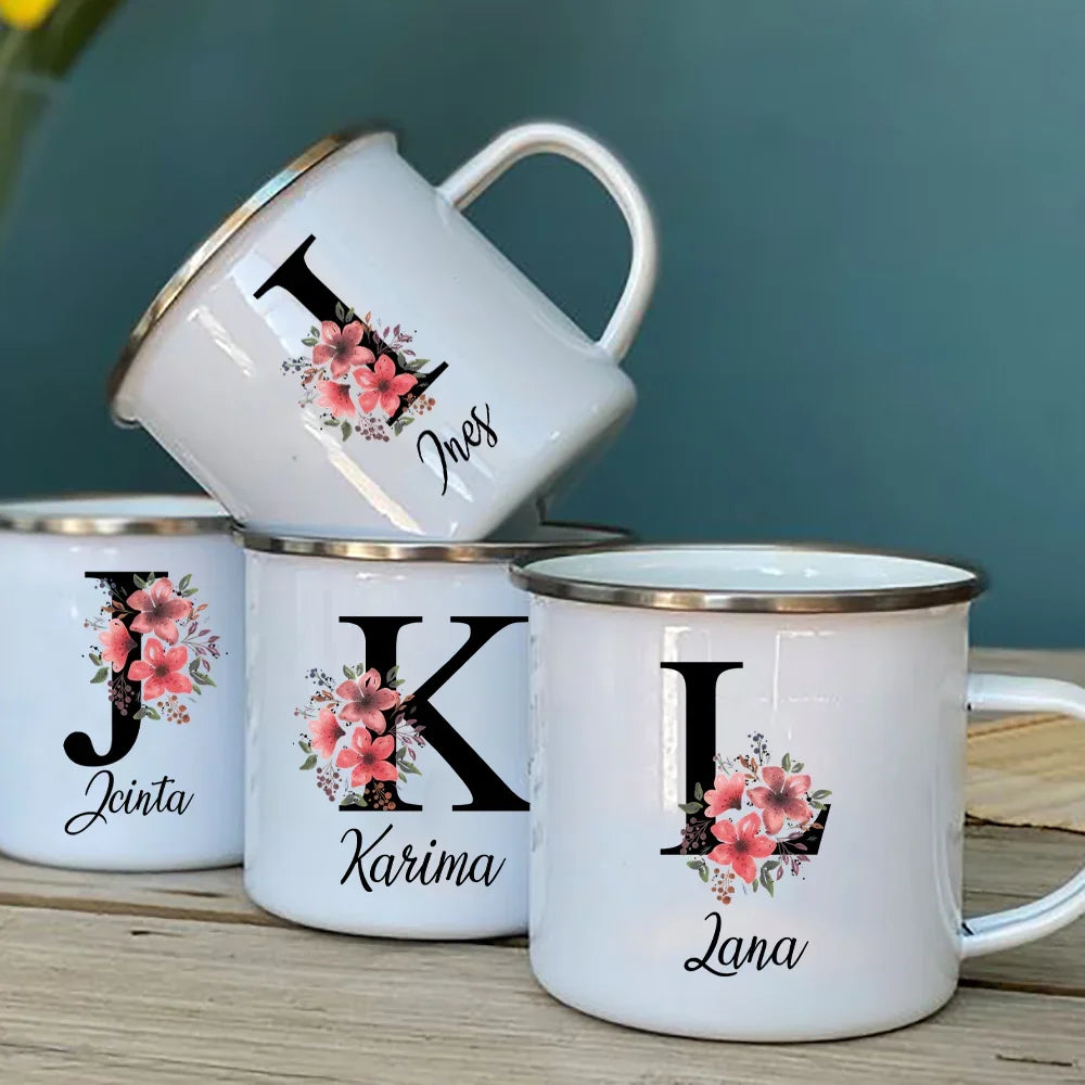 Custom Enamel Mug with Name & Flower