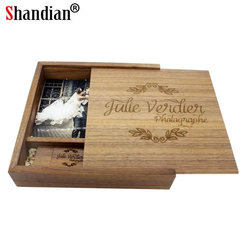 Custom Walnut Wood Photo Album & USB Gift Set