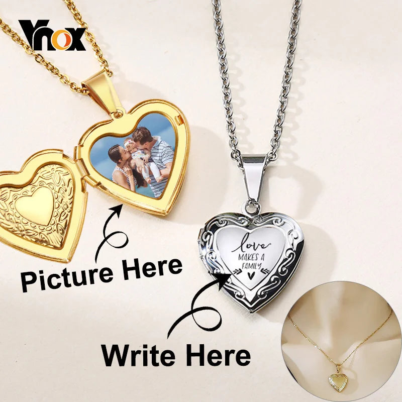 Vnox Custom Heart Locket Necklace - Personalized Family Pendant