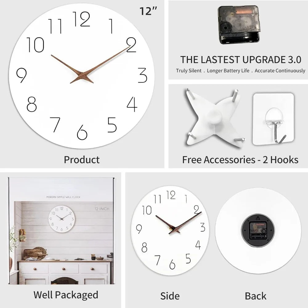 12-Inch Silent Non-Ticking Wooden Wall Clock