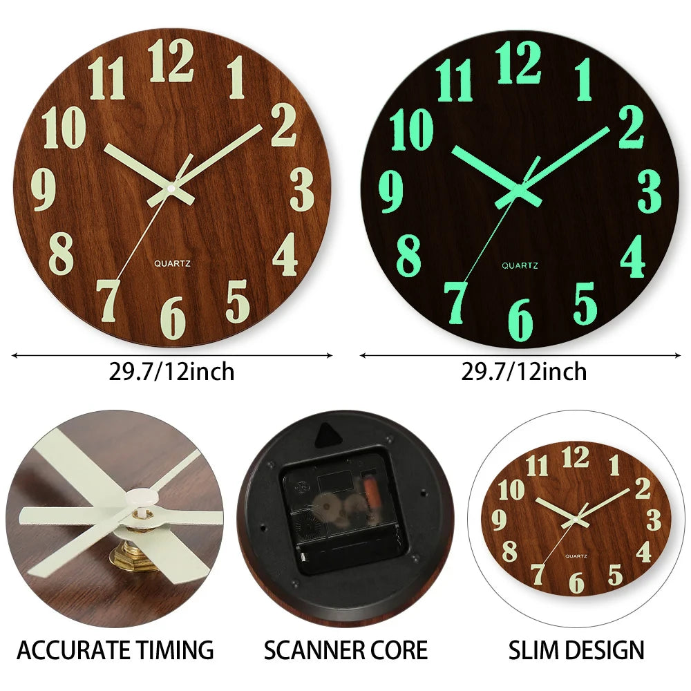 12-Inch Luminous Silent Wall Clock with Night Light